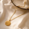 Retro golden sun face relief round plate collarbone chain, thin flat oval gold chain, matte aged stainless steel jewelry, European retro style, daily lay-up, niche atmosphere necklace Application Scenario